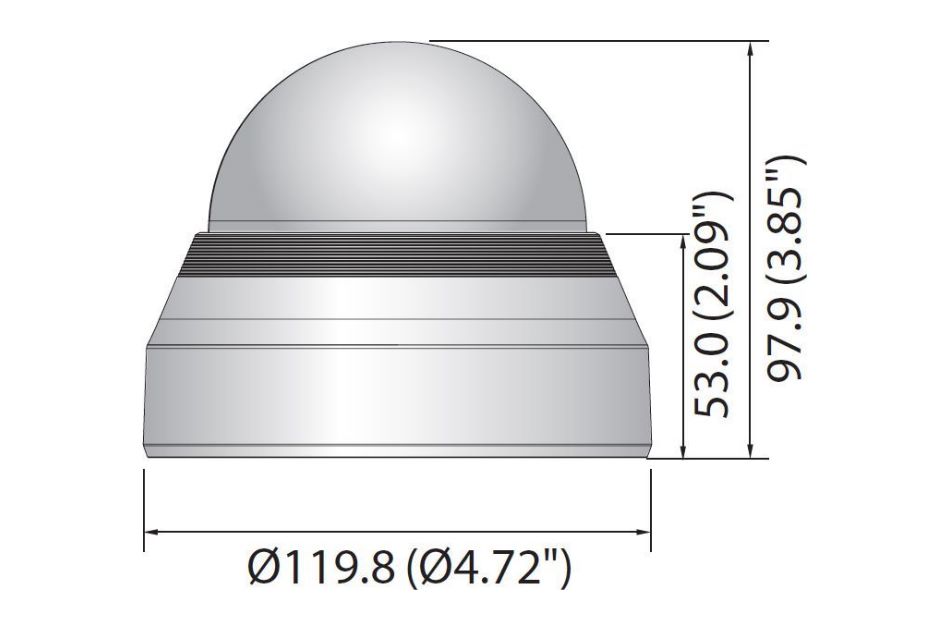 Zeichnung eines kugelförmigen Objekts mit Durchmesser 119,8 mm (4,72 Zoll), Höhe 97,9 mm (3,85 Zoll) und einer oberen Kappe von 53,0 mm (2,09 Zoll).