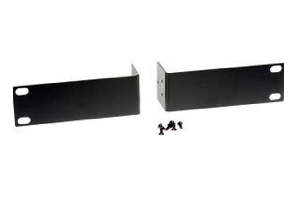 Zwei schwarze Montagemetallwinkel mit Schrauben, auf einem weißen Hintergrund.