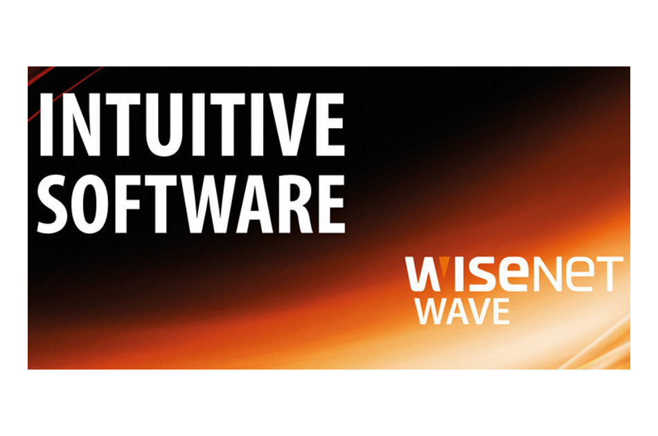 Intuitive Software, WISENET WAVE-Logo auf schwarzem und orangefarbenem Hintergrund.