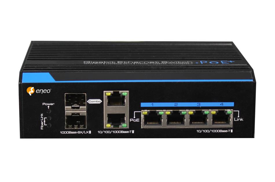 Ein schwarzer Gigabit-Ethernet-Switch von eneo mit PoE+-Unterstützung und mehreren Ethernet- und Glasfaseranschlüssen.