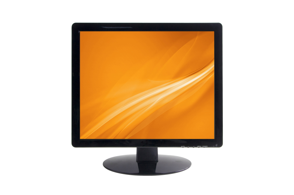 Ein quadratischer Monitor mit einem orangefarbenen Hintergrund auf einem weißen Hintergrund.