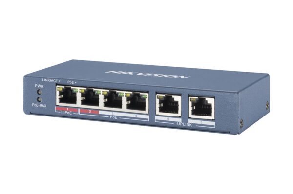 Ethernet Switch, unmanaged 4x RJ45, 2x RJ45 Uplink, PoE 60W, 48VDC
