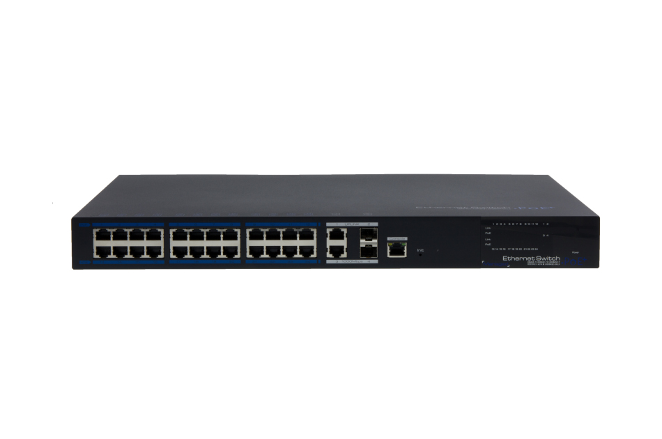 Gigabit Switch, 24xPoE 100Mbps 2x RJ45 Gbit, 2x SFP Gbit, 390W, Managed, 19", 1HE