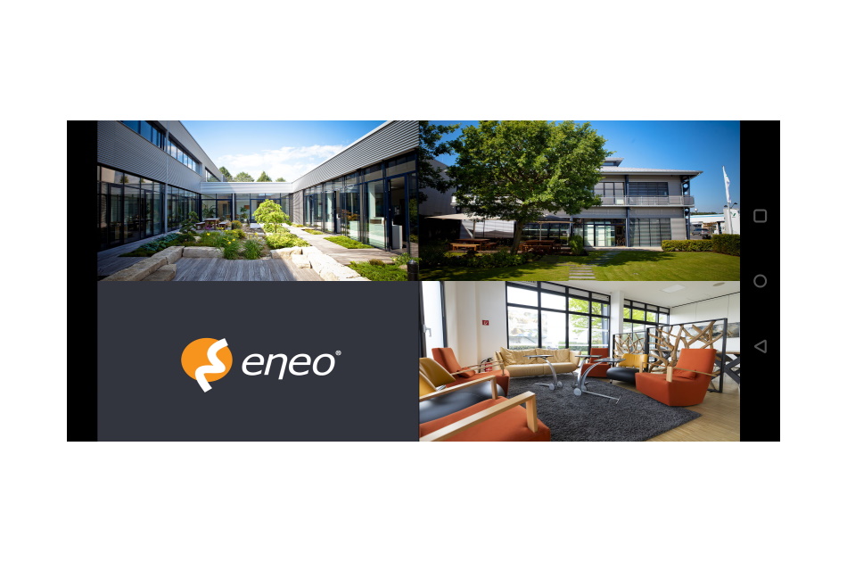 Mehrere Ansichten eines modernen Bürogebäudes mit Garten und Innenraum sowie das Logo von "eneo".