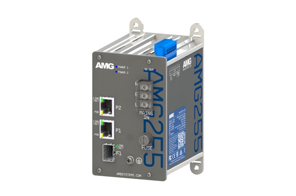 Industrie-Ethernet-Switch AMG255 mit mehreren Ports und Anschlüssen auf grauem Gehäuse.