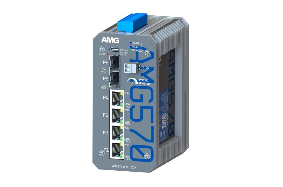 Ein Industrierouter von AMG mit mehreren Ethernet-Anschlüssen und einem robusten Gehäuse.