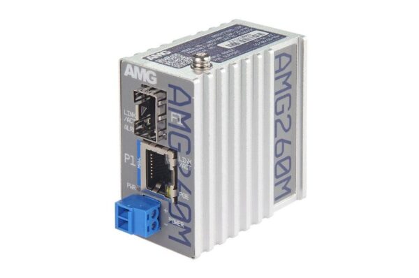 Industrieller Mini Medienkonverter, 1 x 10/100BT RJ45 60/90W, 1 x 100/1GBFX SFP Slot, 52-56 VDC Input, DIN Rail / Wandmontage